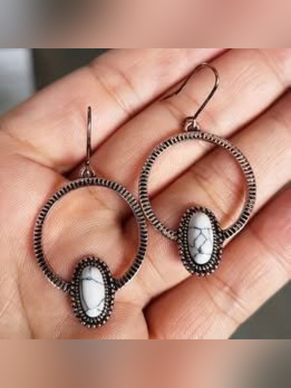 Unique Boho Copper Hoops With White Stone- NEW!